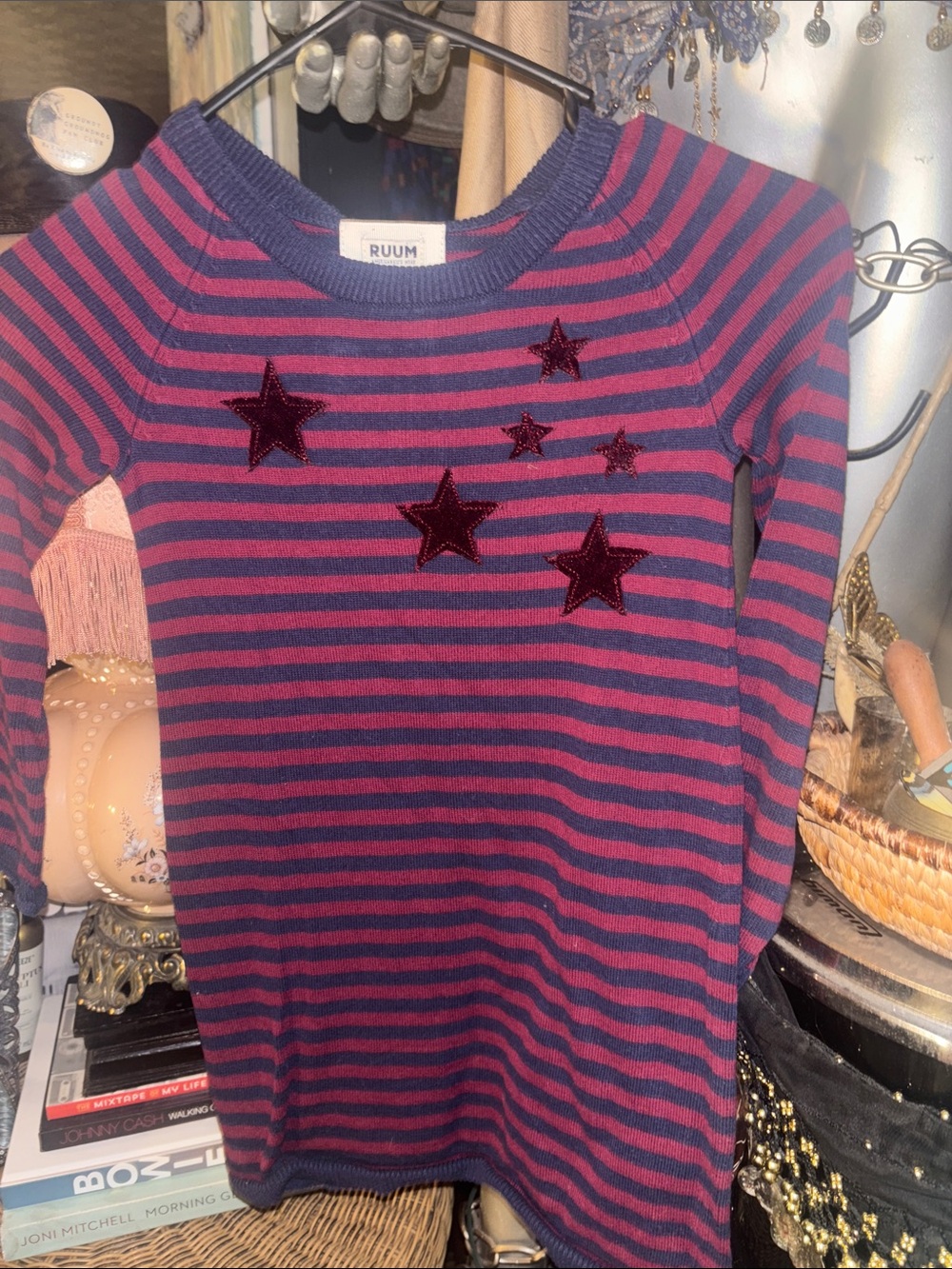 Ruum Pink and Navy Striped Star Knit Sweater